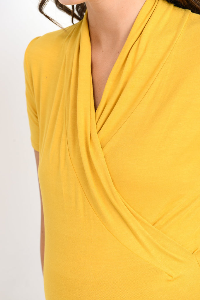 Mustard Solid Short Sleeve Maternity & Nursing Surplice Top