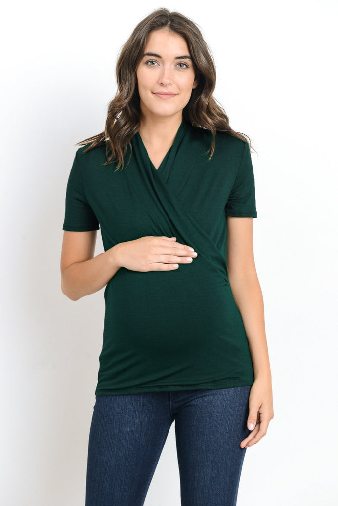 Green Solid Short Sleeve Maternity & Nursing Surplice Top