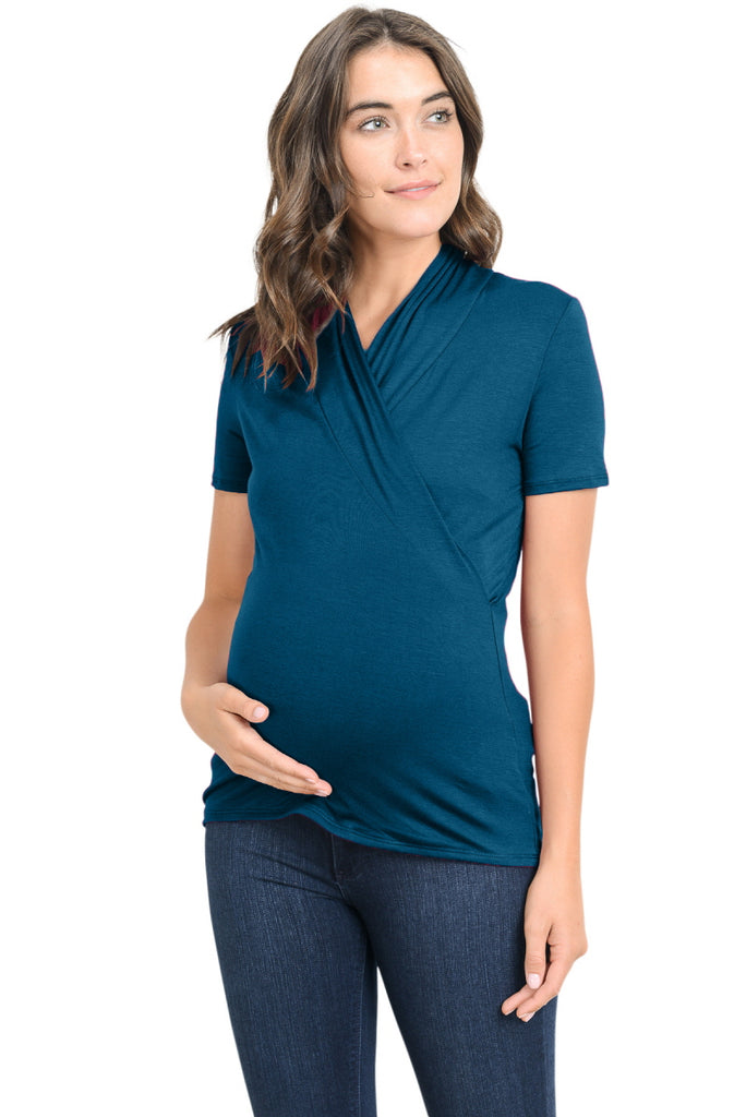 Teal Solid Short Sleeve Maternity & Nursing Surplice Top