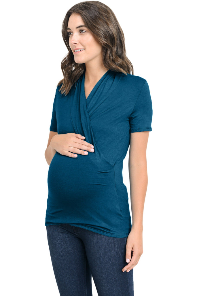 Teal Solid Short Sleeve Maternity & Nursing Surplice Top