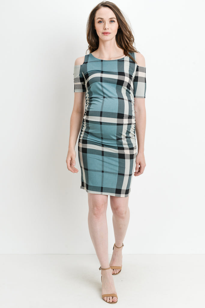 Teal Plaid Cold Shoulder Maternity Dress