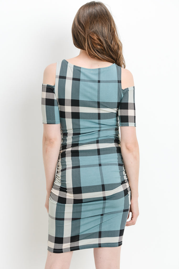 Teal Plaid Cold Shoulder Maternity Dress