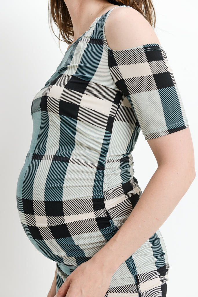 Teal Plaid Cold Shoulder Maternity Dress