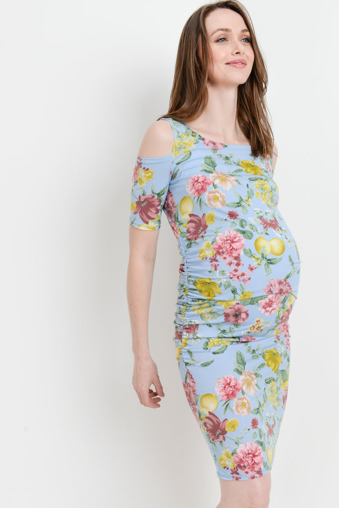 Blue Cold Shoulder Bodycon Maternity Dress