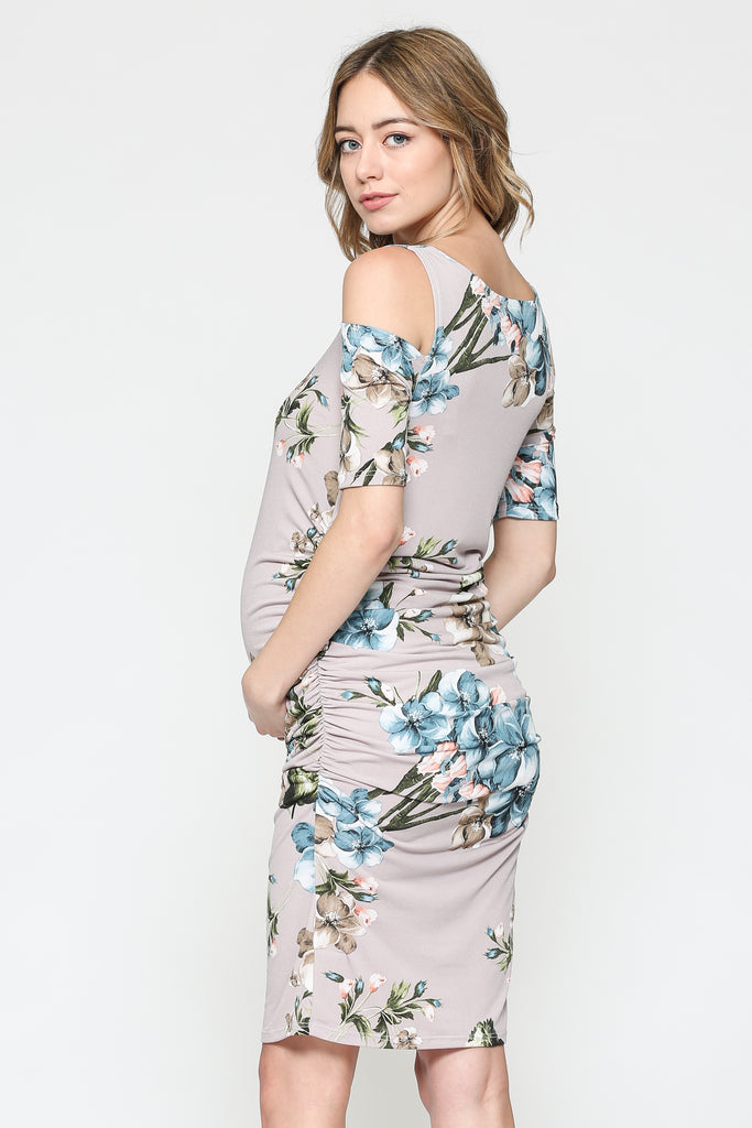 Grey Cold Shoulder Bodycon Maternity Dress