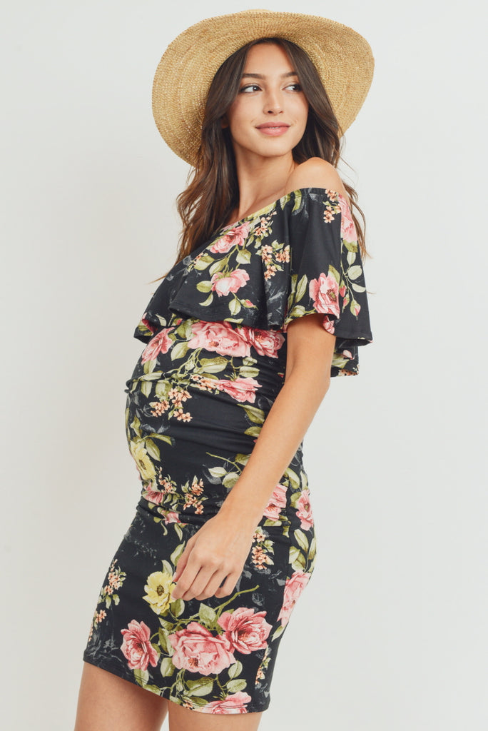 Black Floral Off The Shoulder Maternity Dress