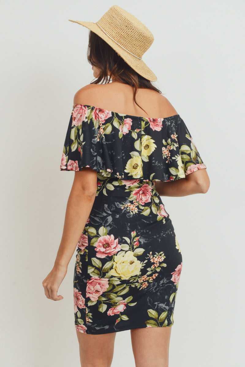 Black Floral Off The Shoulder Maternity Dress