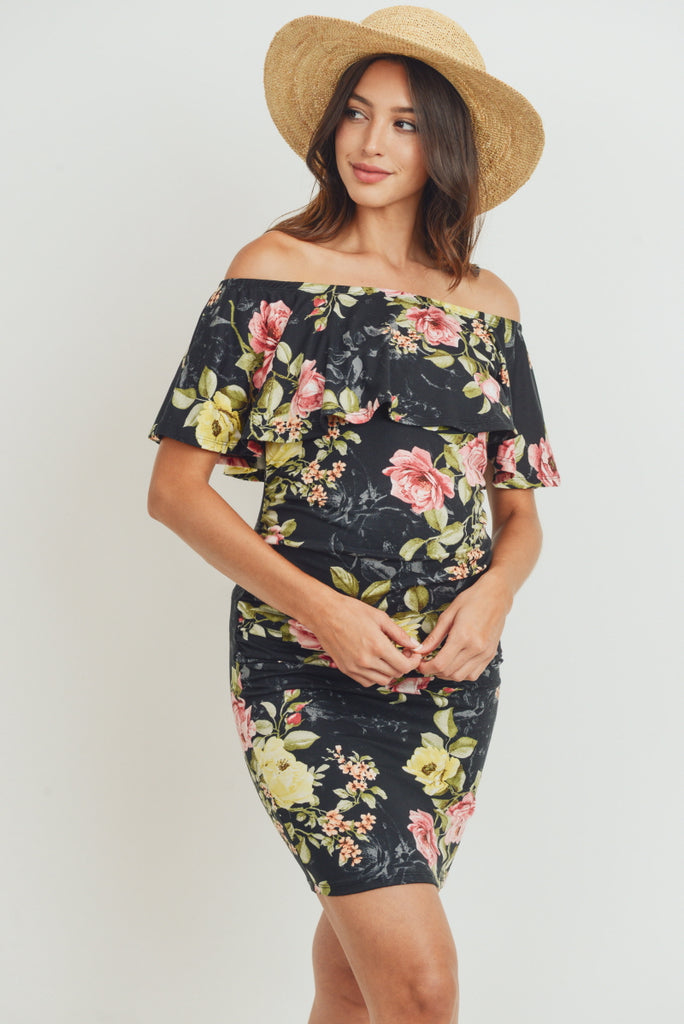 Black Floral Off The Shoulder Maternity Dress