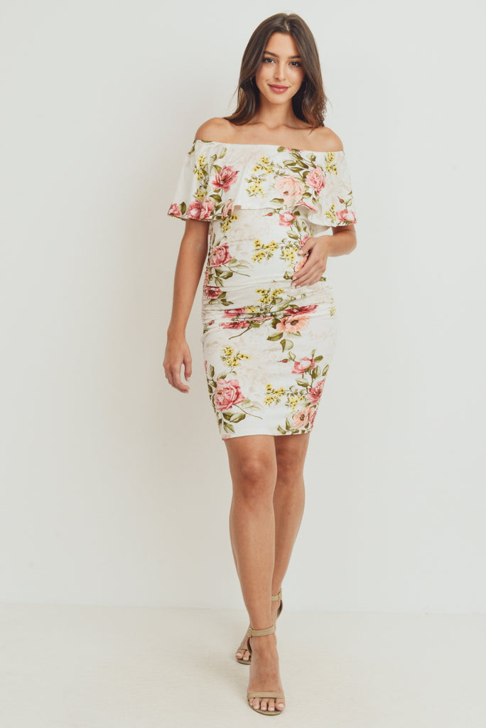 Ivory Floral Off The Shoulder Maternity Dress