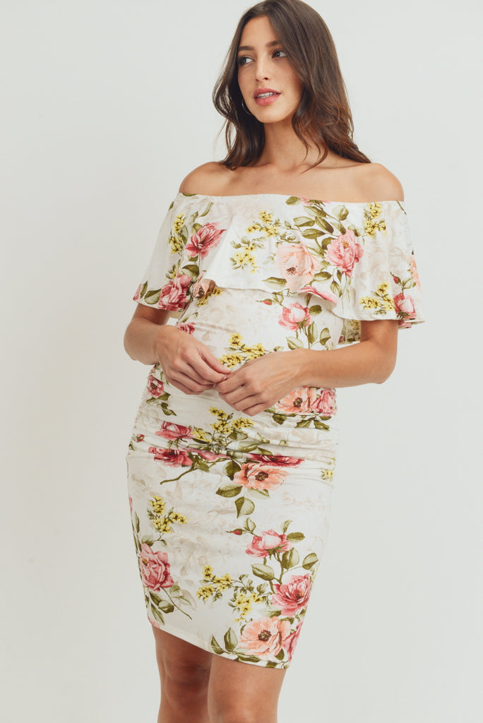Ivory Floral Off The Shoulder Maternity Dress