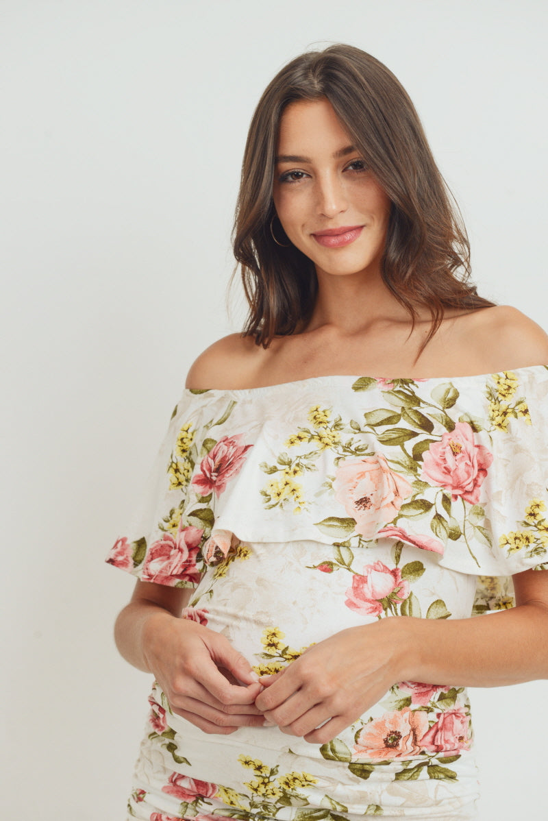Ivory Floral Off The Shoulder Maternity Dress
