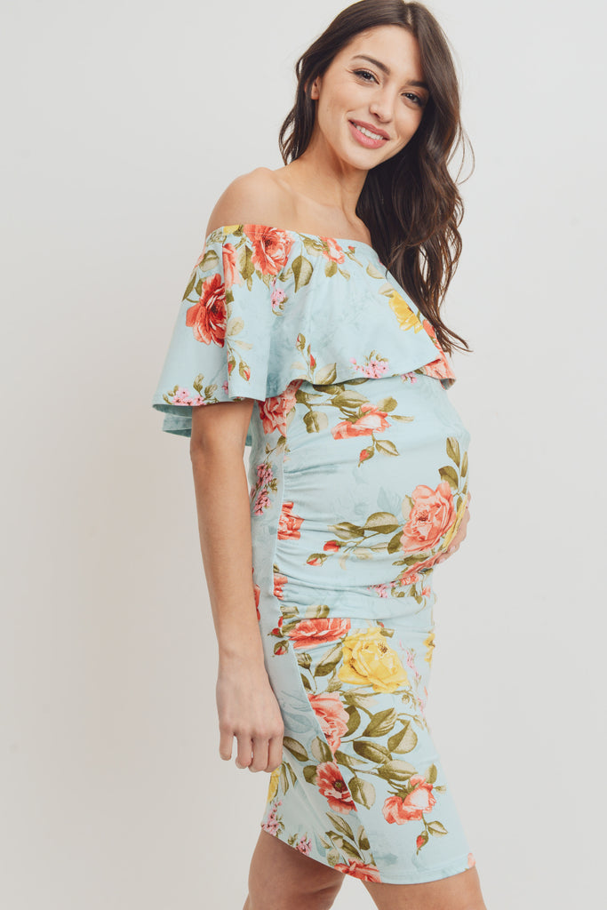 Aqua Floral Off The Shoulder Maternity Dress