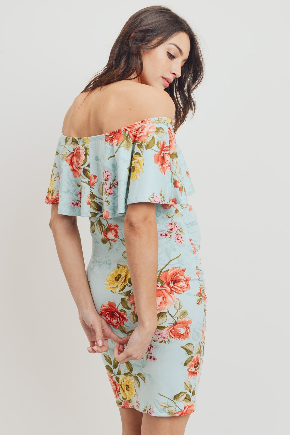 Aqua Floral Off The Shoulder Maternity Dress