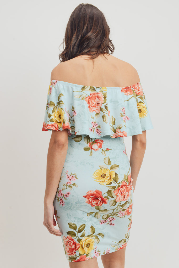 Aqua Floral Off The Shoulder Maternity Dress