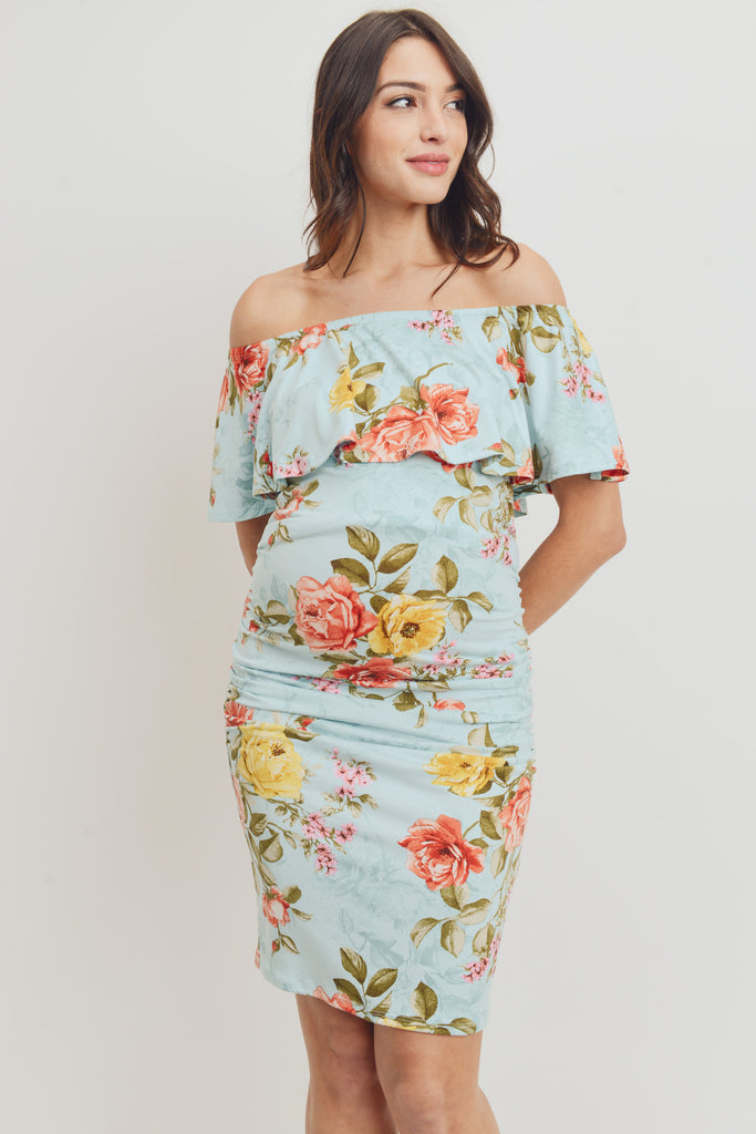 Aqua Floral Off The Shoulder Maternity Dress