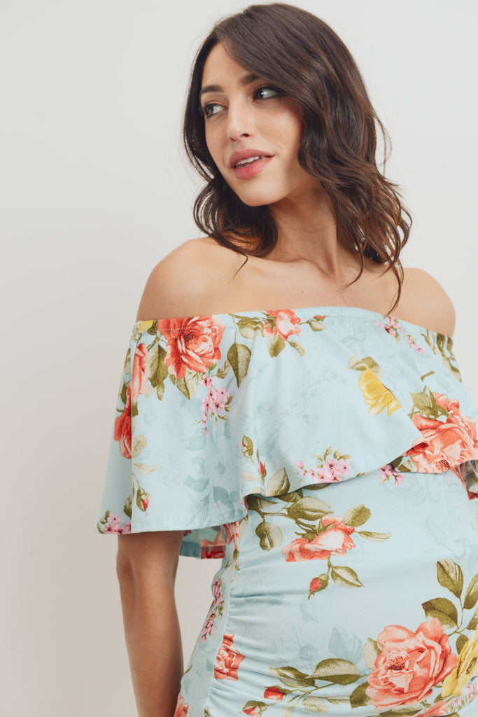 Aqua Floral Off The Shoulder Maternity Dress