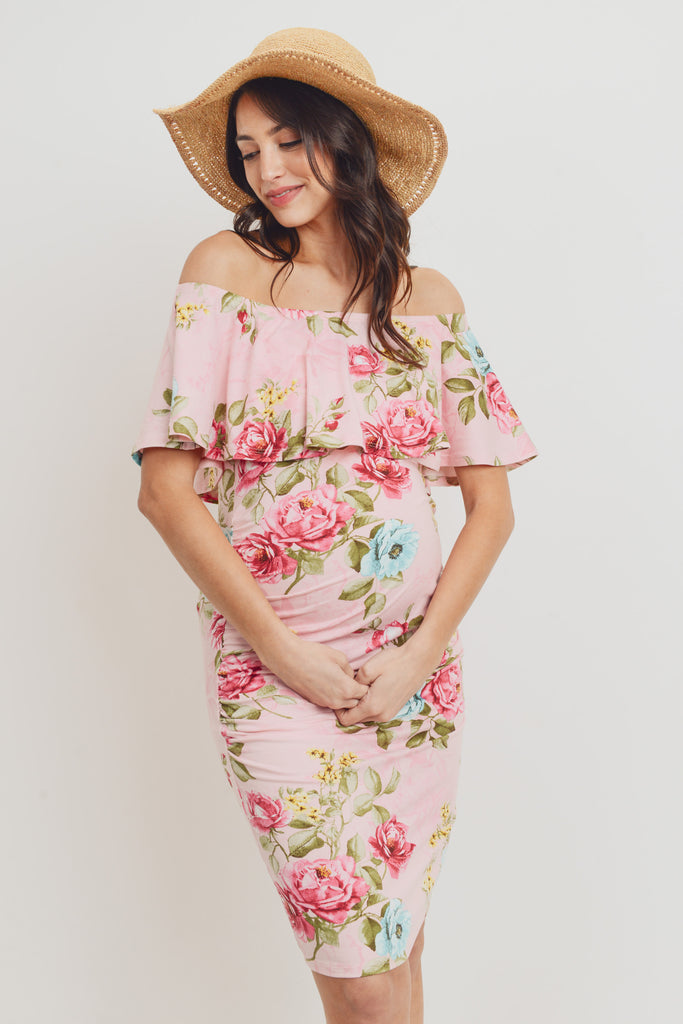 Pink Floral Off The Shoulder Maternity Dress