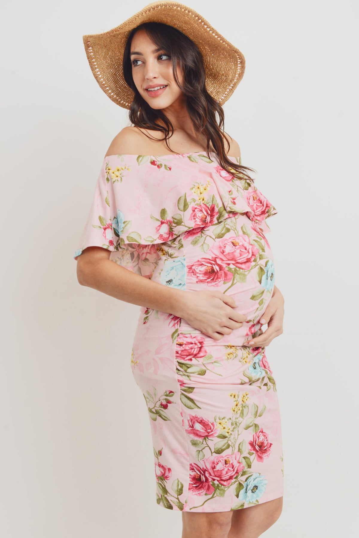 Pink Floral Off The Shoulder Maternity Dress