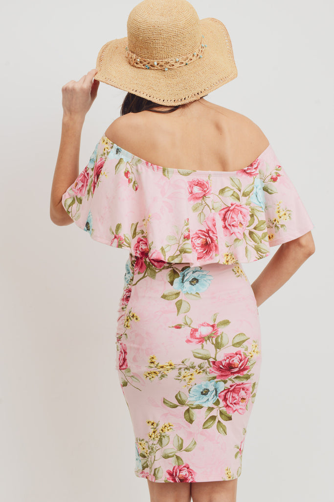Pink Floral Off The Shoulder Maternity Dress