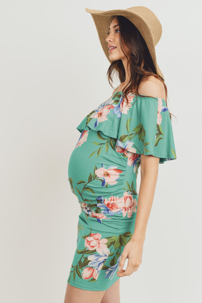 Sage Floral Ruffled Off Shoulder Maternity Dress
