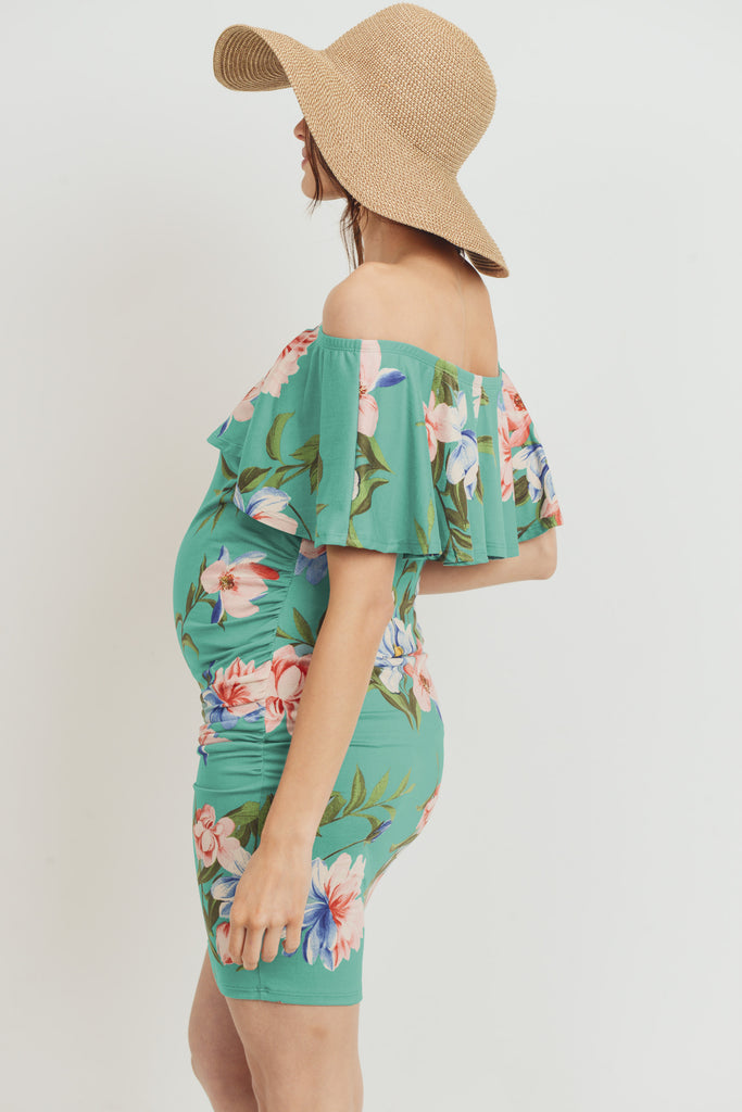 Sage Floral Ruffled Off Shoulder Maternity Dress