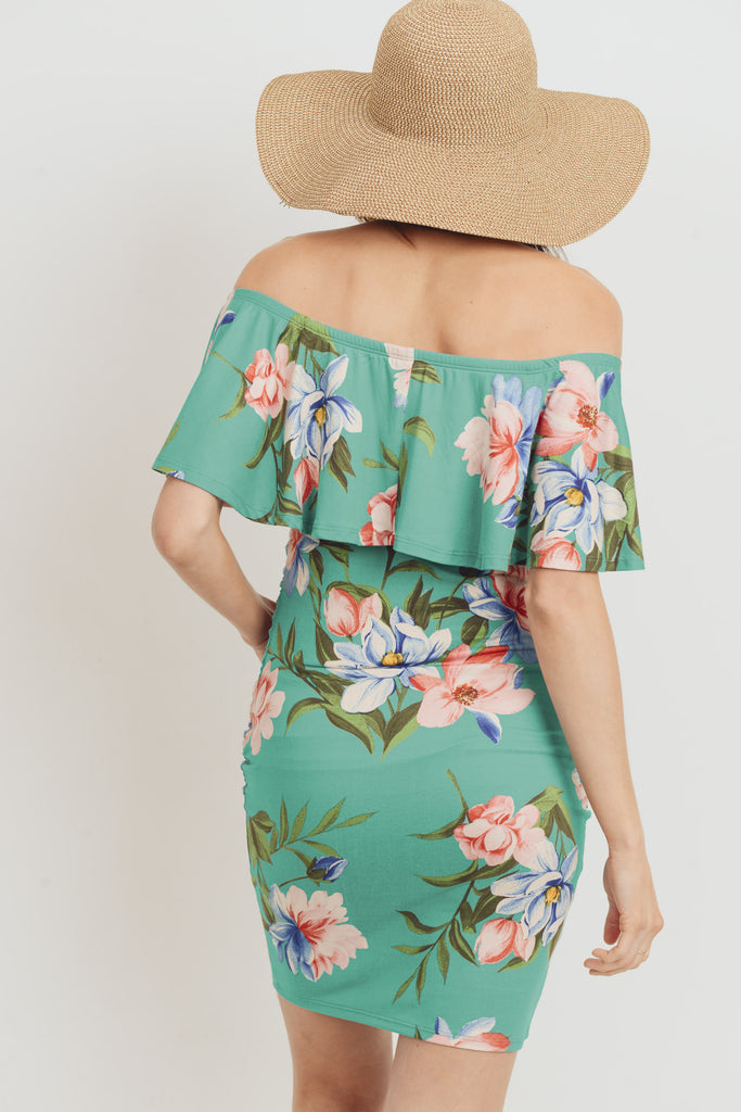 Sage Floral Ruffled Off Shoulder Maternity Dress