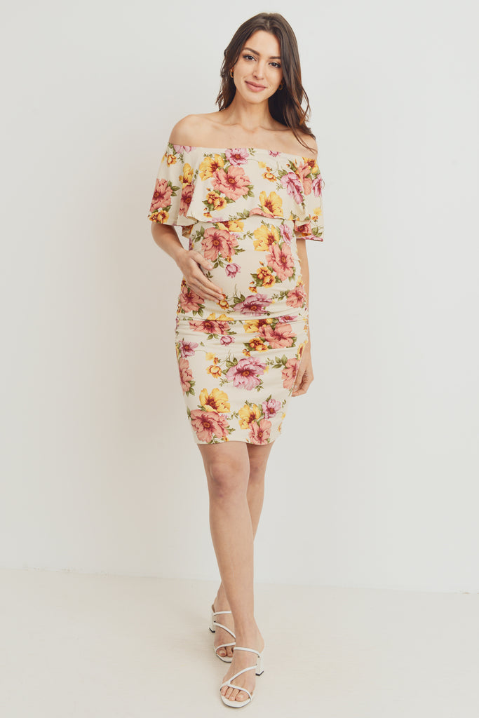 Cream Floral Ruffle Off Shoulder Maternity Dress