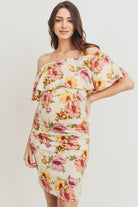 Cream Floral Ruffle Off Shoulder Maternity Dress