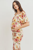 Cream Floral Ruffle Off Shoulder Maternity Dress