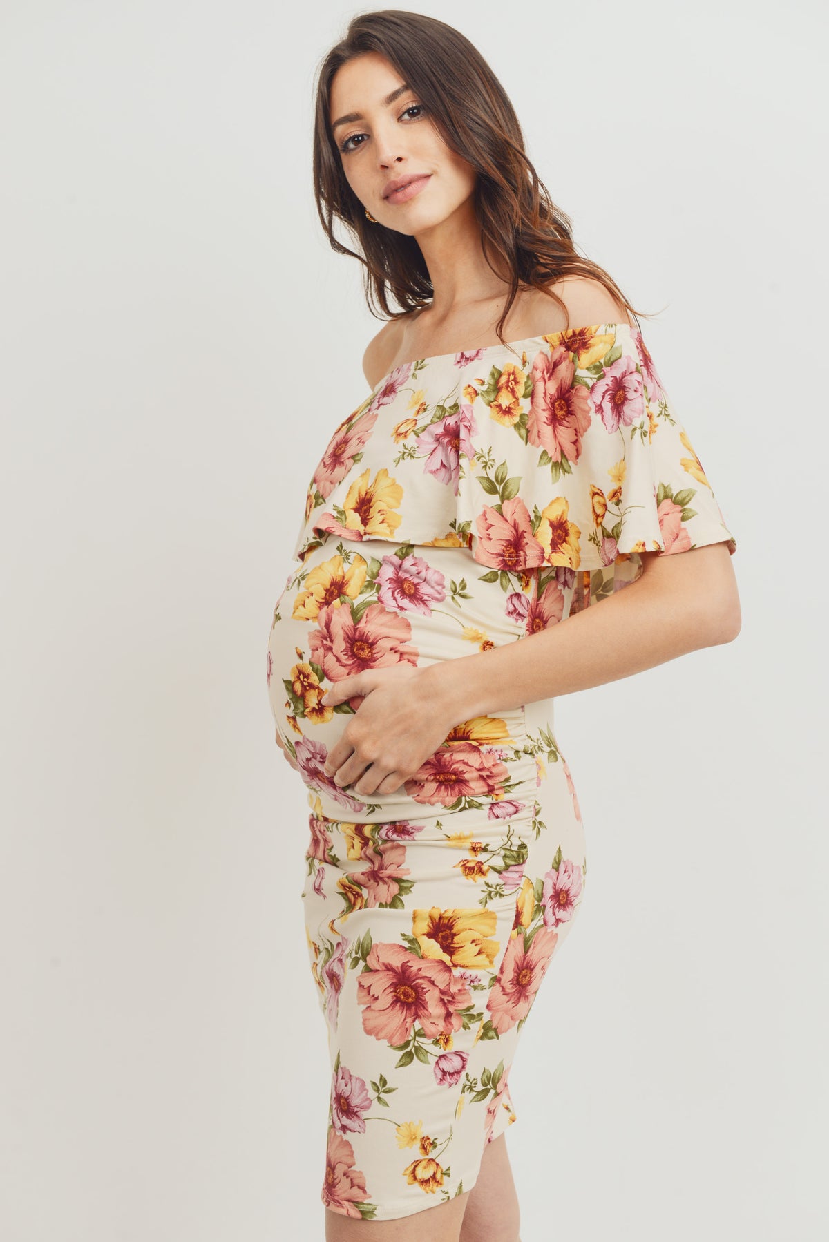 Cream Floral Ruffle Off Shoulder Maternity Dress