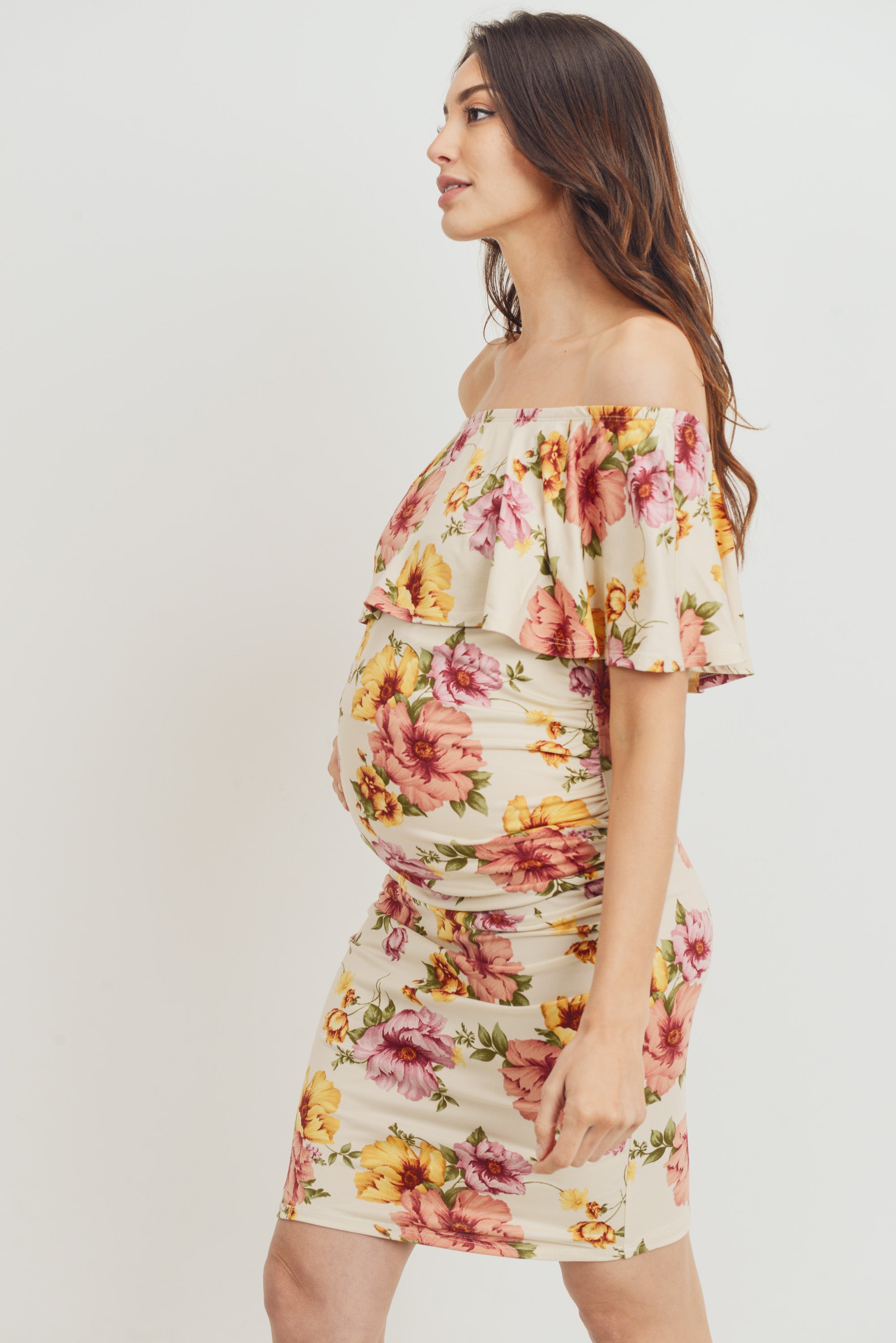 Cream Floral Ruffle Off Shoulder Maternity Dress