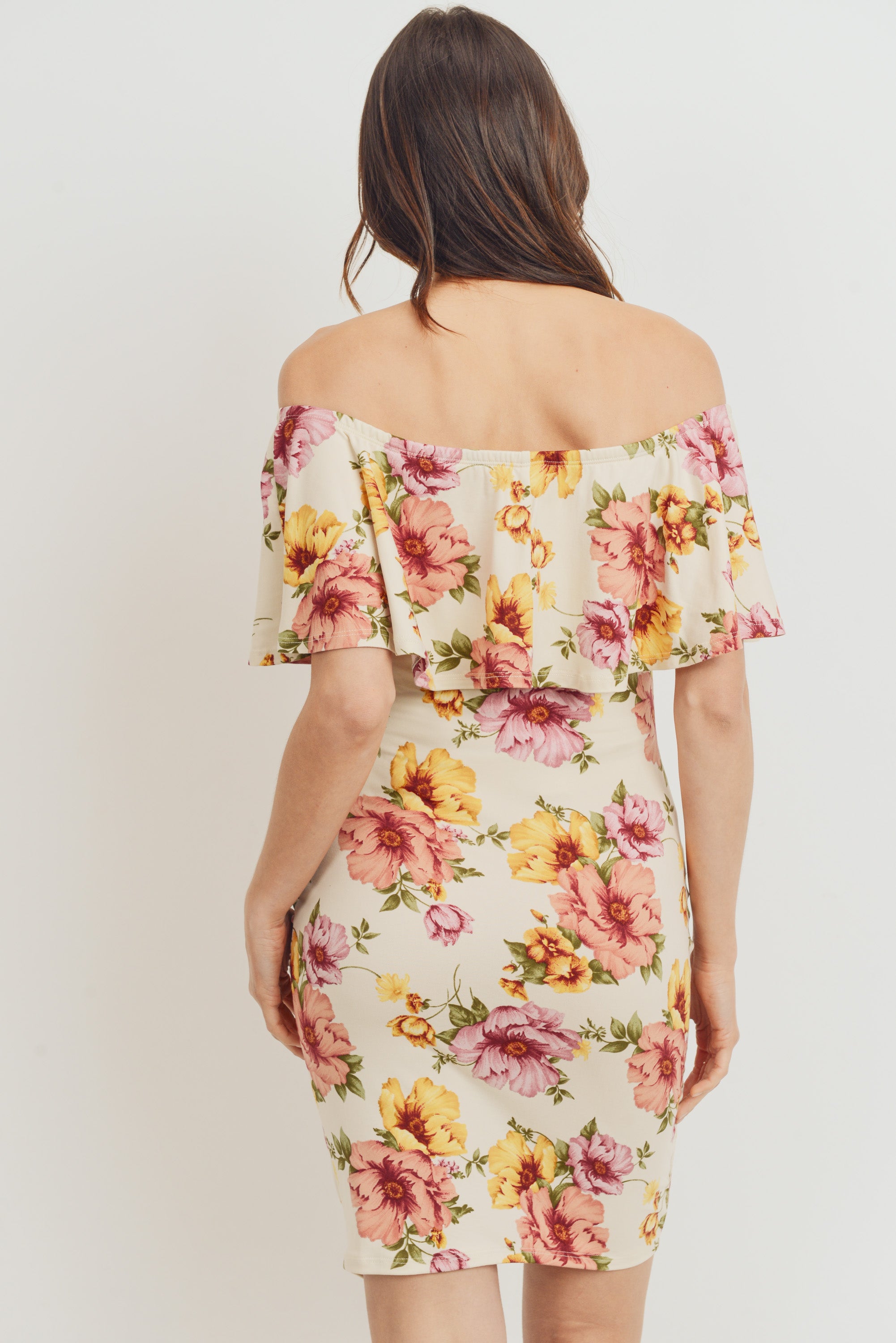 Cream Floral Ruffle Off Shoulder Maternity Dress