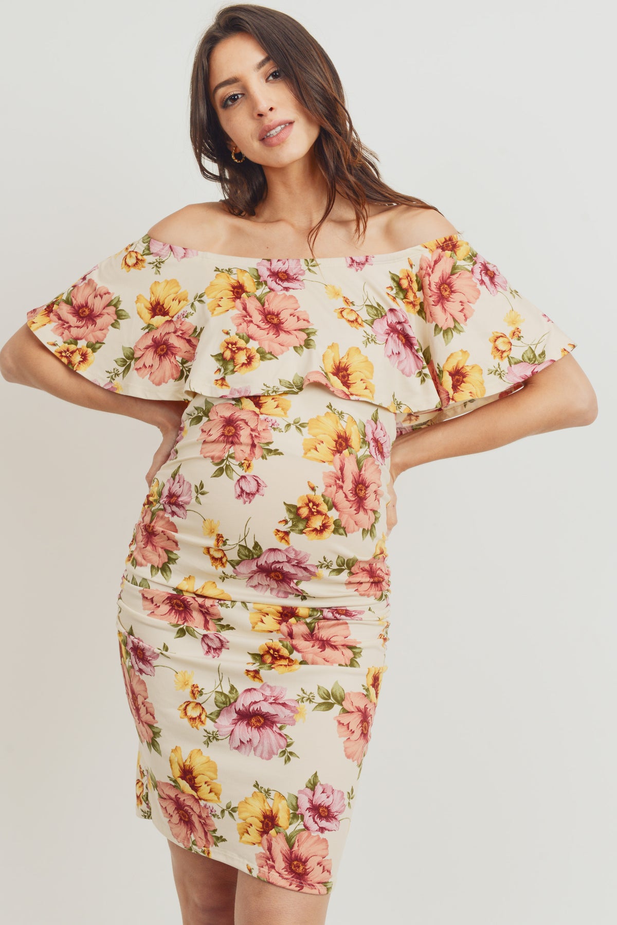 Cream Floral Ruffle Off Shoulder Maternity Dress