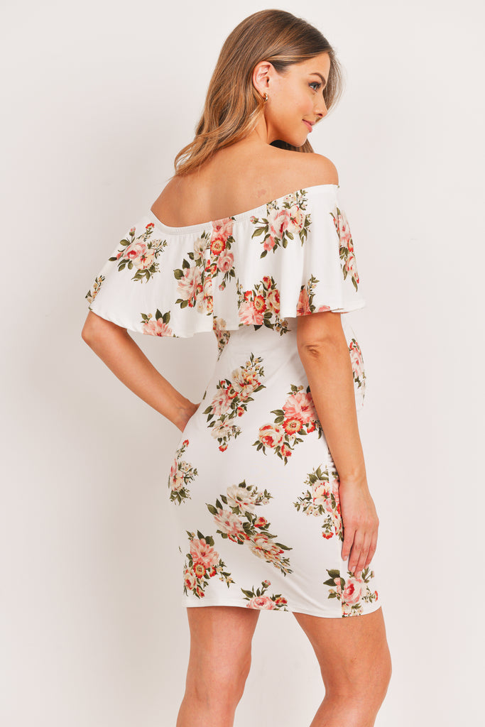 Ivory Floral Ruffle Off Shoulder Maternity Dress