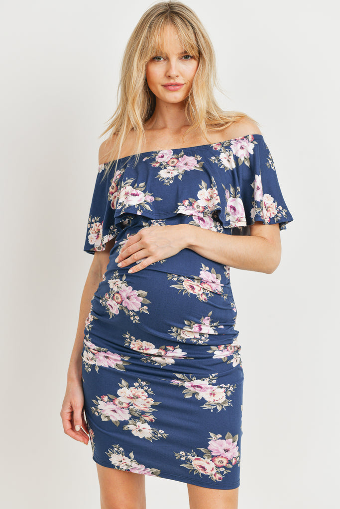 Navy Floral Ruffle Off Shoulder Maternity Dress