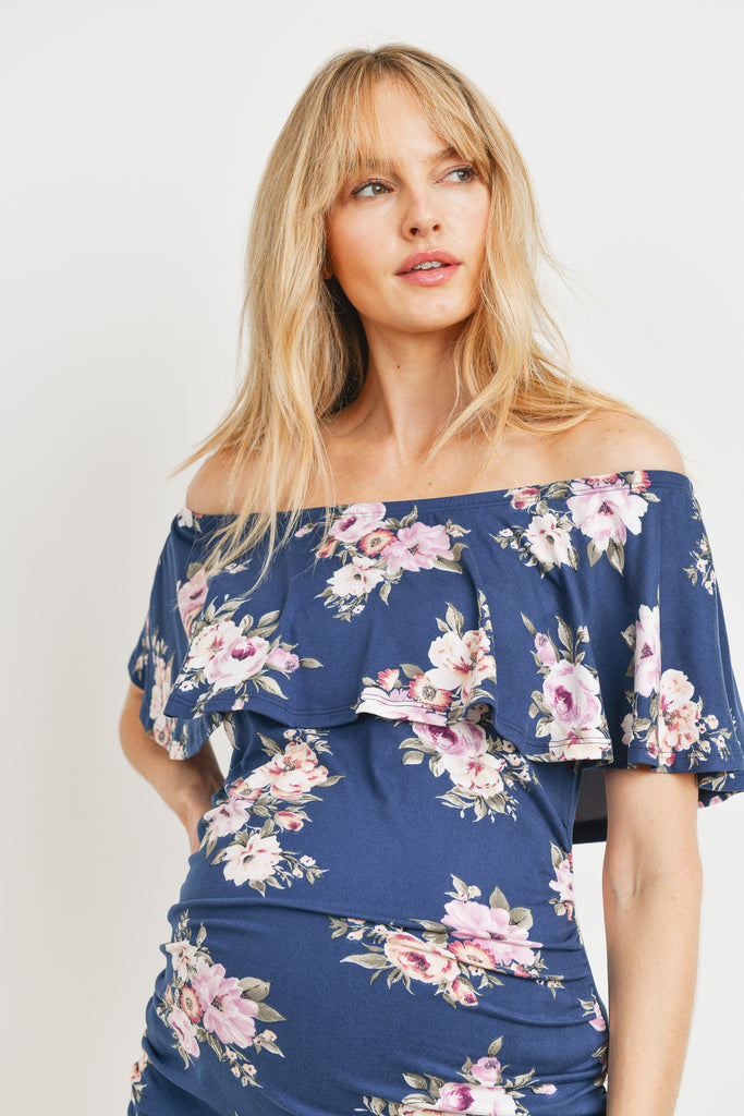 Navy Floral Ruffle Off Shoulder Maternity Dress