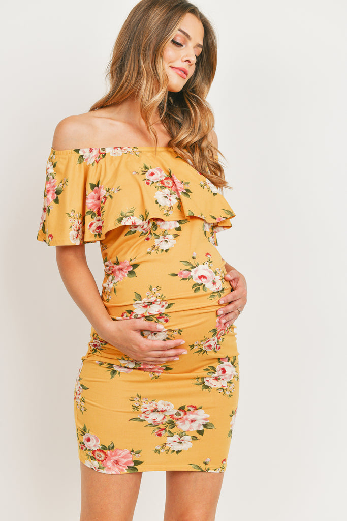 Mustard Floral Ruffle Off Shoulder Maternity Dress
