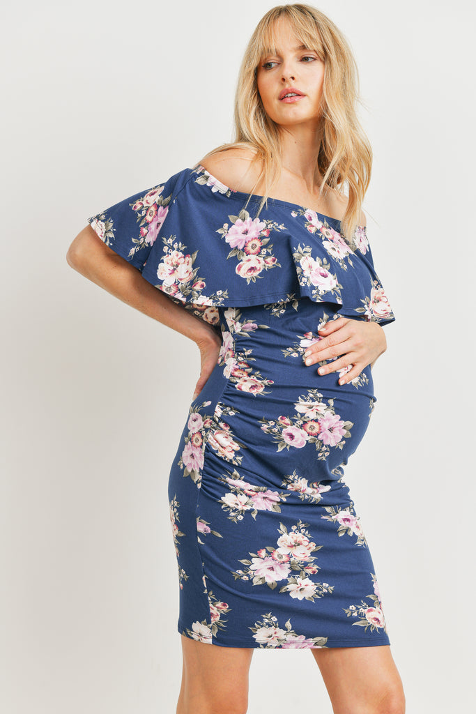 Navy Floral Ruffle Off Shoulder Maternity Dress