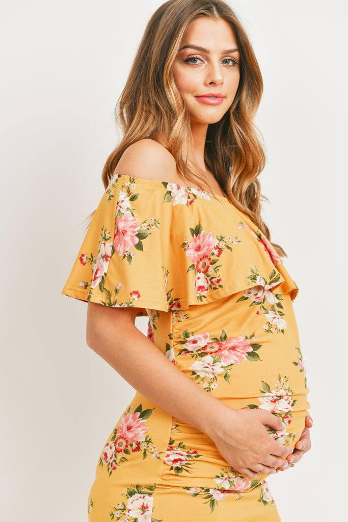 Mustard Floral Ruffle Off Shoulder Maternity Dress