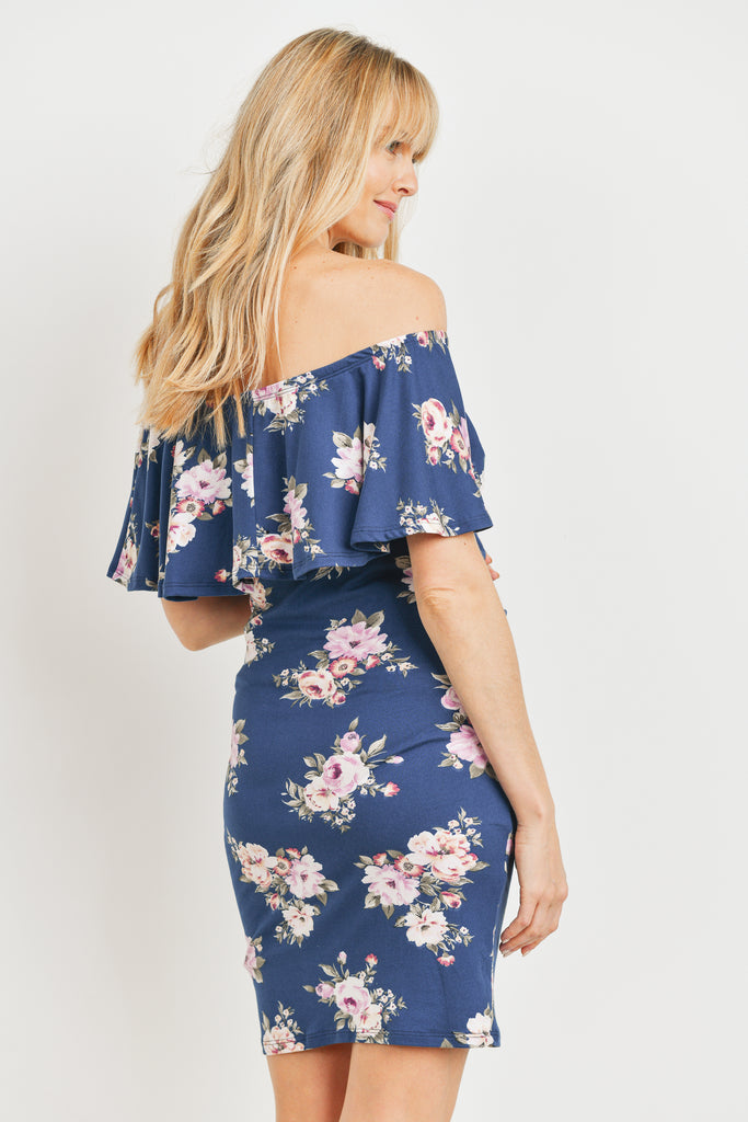 Navy Floral Ruffle Off Shoulder Maternity Dress