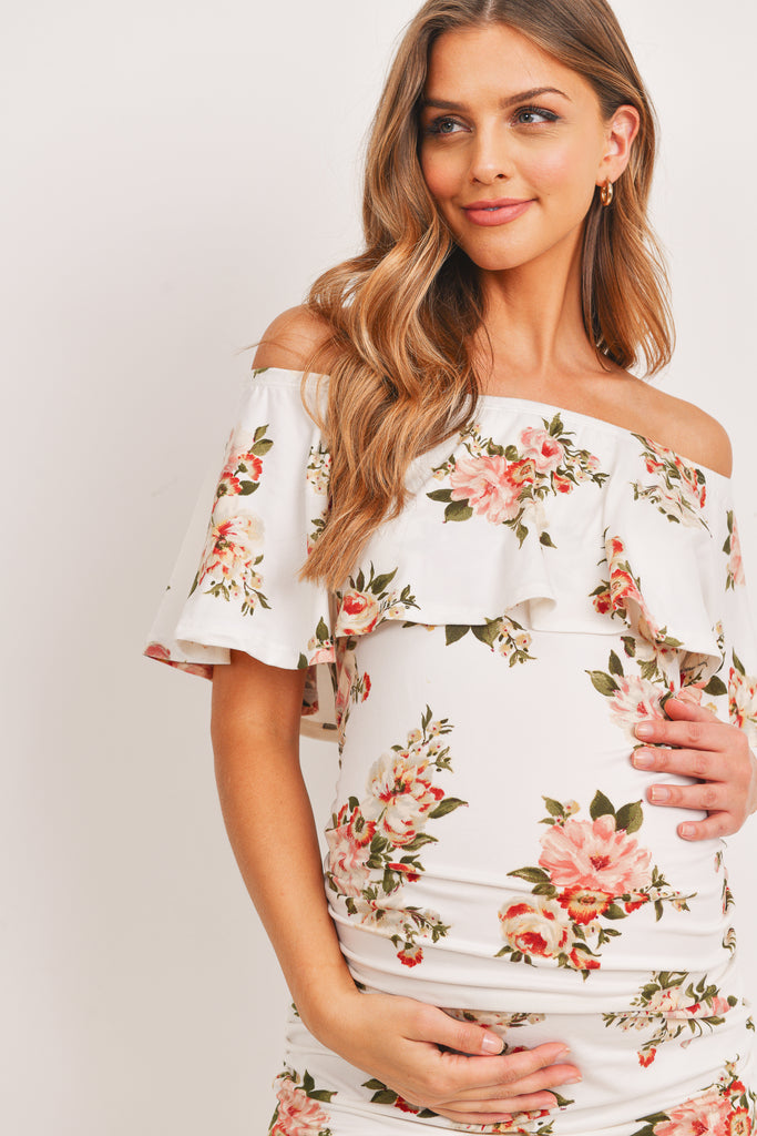 Ivory Floral Ruffle Off Shoulder Maternity Dress
