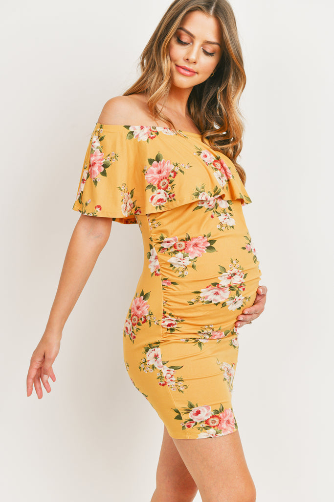 Mustard Floral Ruffle Off Shoulder Maternity Dress