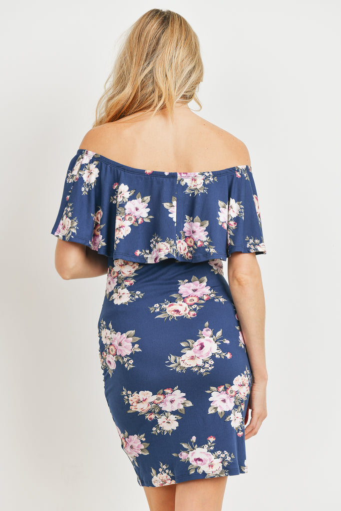 Navy Floral Ruffle Off Shoulder Maternity Dress