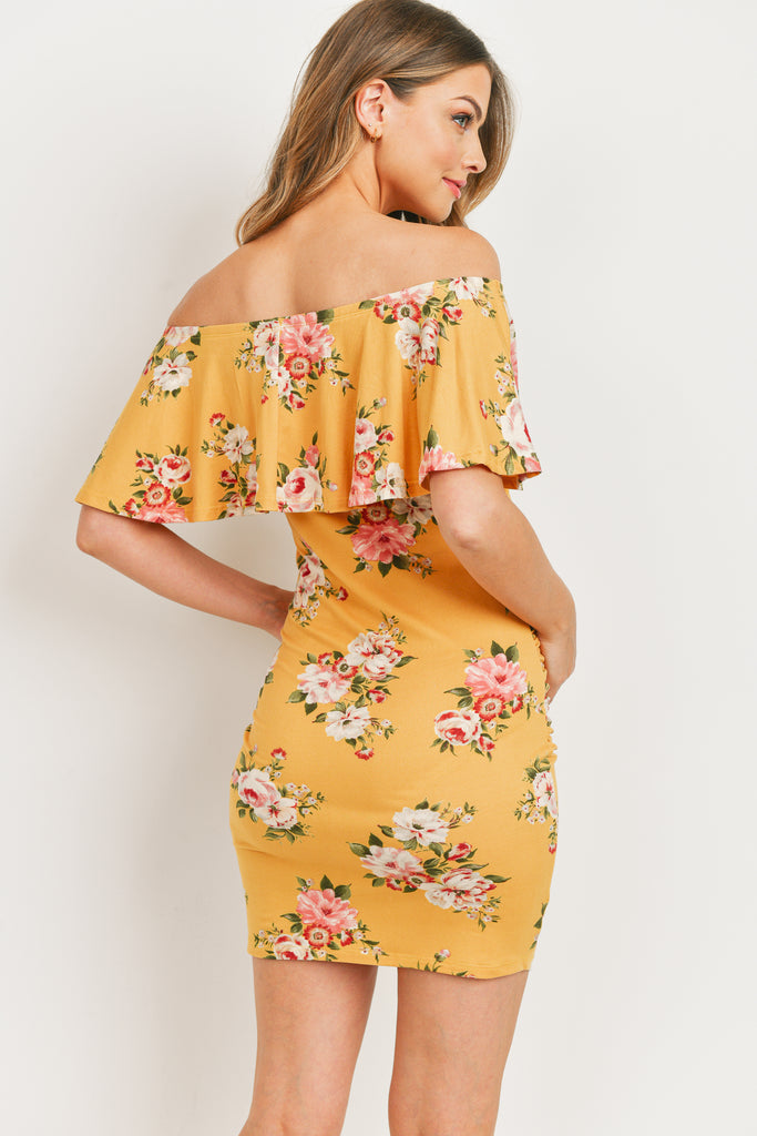 Mustard Floral Ruffle Off Shoulder Maternity Dress