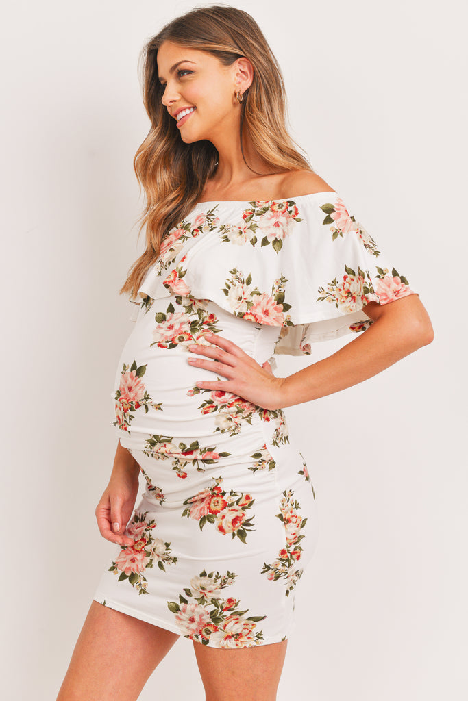 Ivory Floral Ruffle Off Shoulder Maternity Dress
