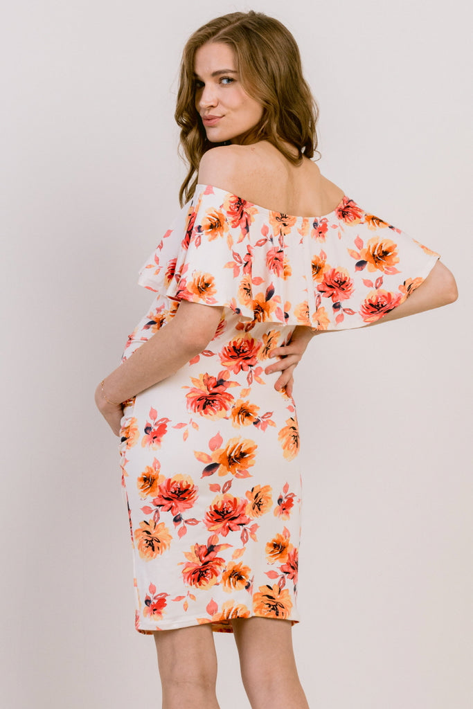 Cream Floral Ruffled Off Shoulder Maternity Dress