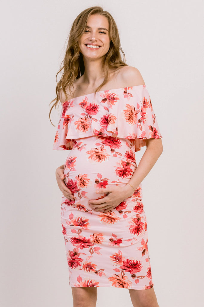 Pink Floral Ruffled Off Shoulder Maternity Dress