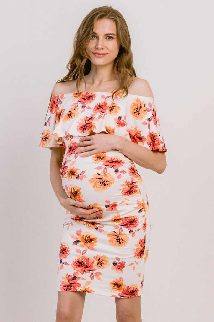 Cream Floral Ruffled Off Shoulder Maternity Dress