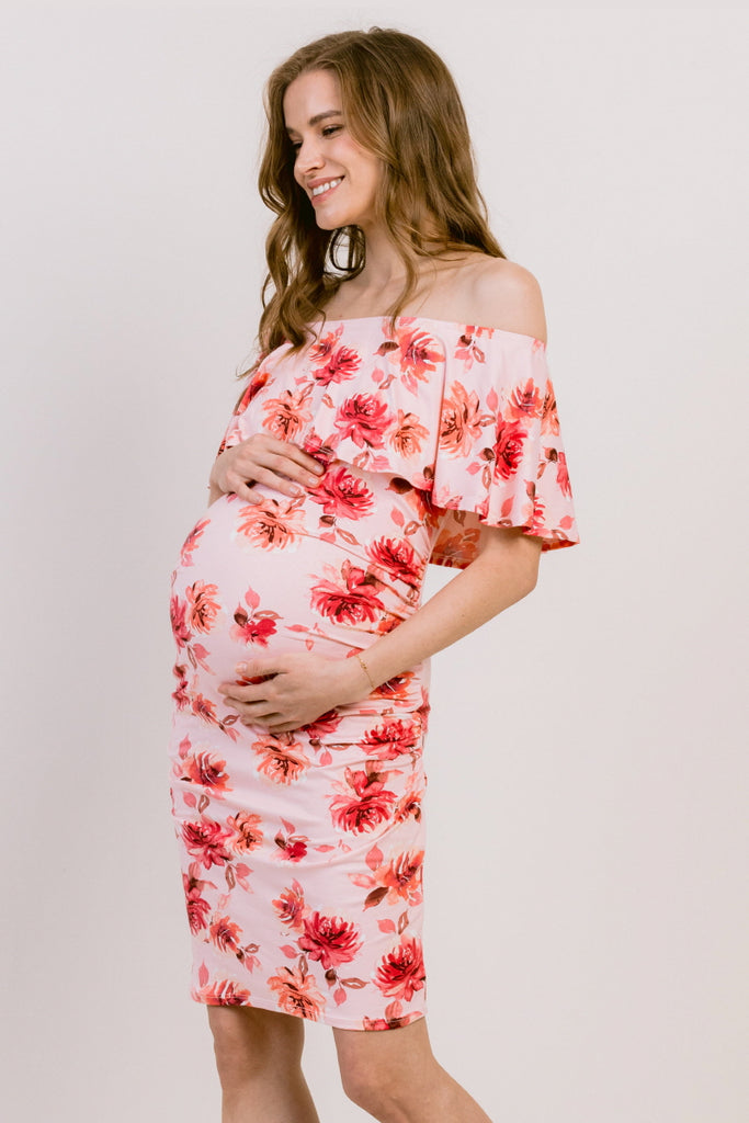 Pink Floral Ruffled Off Shoulder Maternity Dress