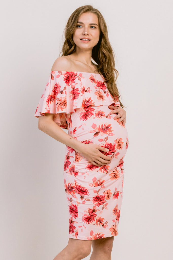 Pink Floral Ruffled Off Shoulder Maternity Dress